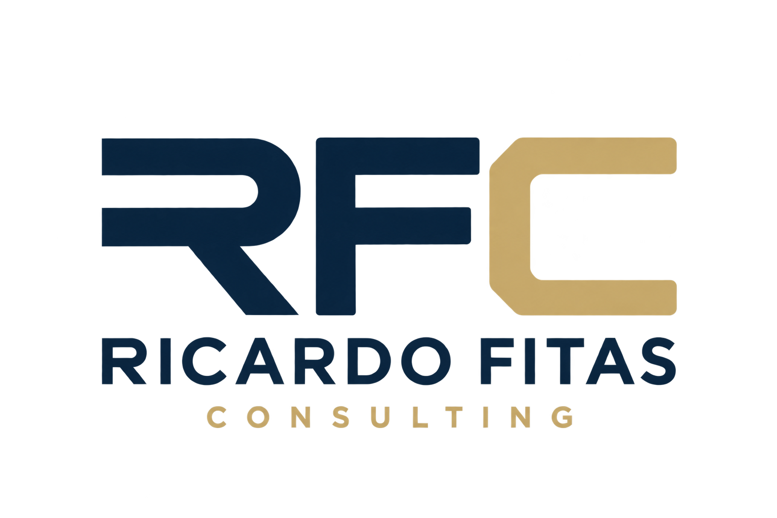 Ricardo Fitas Consulting monogram in navy and gold on matte black.