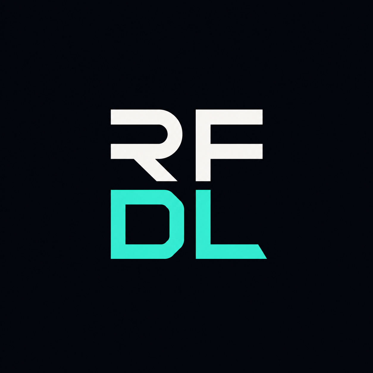 RFDL geometric Discovery Lab mark in white and turquoise on matte black.